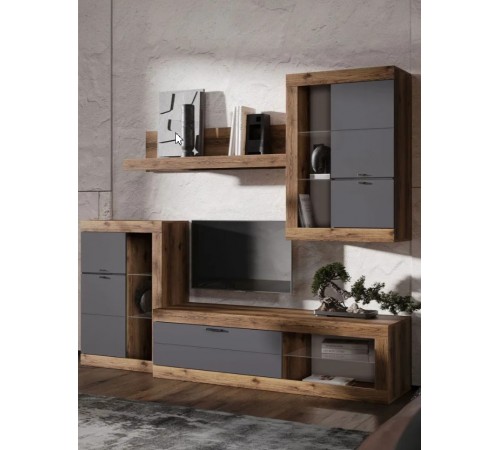 Гостиная комплект Прага Мини, ТВ-тумба, шкаф-витрина, настенная полка, 218.6х42.6 см, Дуб Делано / Графит Софт Без подсветки