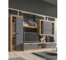 Гостиная комплект Прага Макси, ТВ-тумба, шкаф-витрина, настенная полка, 318.8х42.6 см, Дуб Вотан / Графит Софт Без подсветки