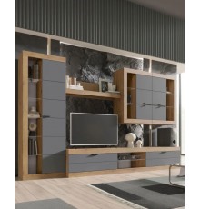 Гостиная комплект Прага Макси, ТВ-тумба, шкаф-витрина, настенная полка, 318.8х42.6 см, Дуб Вотан / Графит Софт Без подсветки