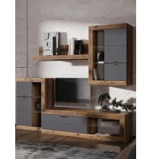 Гостиная комплект Прага Мини, ТВ-тумба, шкаф-витрина, настенная полка, 218.6х42.6 см, Дуб Делано / Графит Софт Без подсветки